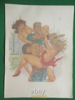 Foursome Sexy Babes Breasts Lucky Guy Original Mexican Comic Cover Art