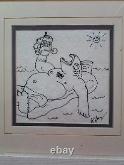 Funny cartoon sketch, MANCAVE art on napkin, (OOAK)suprt my art withpurch