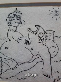 Funny cartoon sketch, MANCAVE art on napkin, (OOAK)suprt my art withpurch