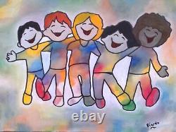 Happy Children Pop Art Original Abstract Wall Art Painting Signed on Canvas