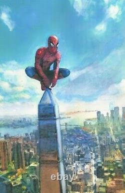 ORIGINAL Spiderman Perched NYC Skyline Cityscape Comic Wall Art Painting 11x17