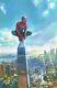 Original Spiderman Perched Nyc Skyline Cityscape Comic Wall Art Painting 11x17