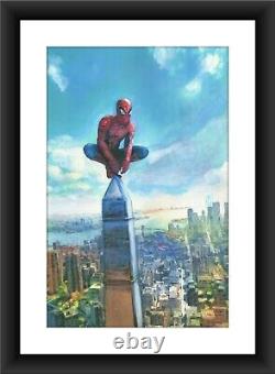 ORIGINAL Spiderman Perched NYC Skyline Cityscape Comic Wall Art Painting 11x17