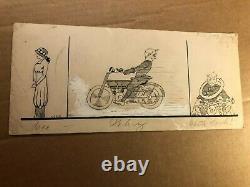 Rare Original Antique Illustration Art Drawing Comic Motorcycle Crash Girl