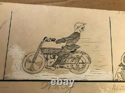 Rare Original Antique Illustration Art Drawing Comic Motorcycle Crash Girl
