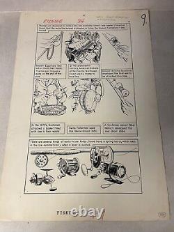 WORLD AROUND US #34 original art 1961 HISTORY FISHING REELS GLANZMAN huge art